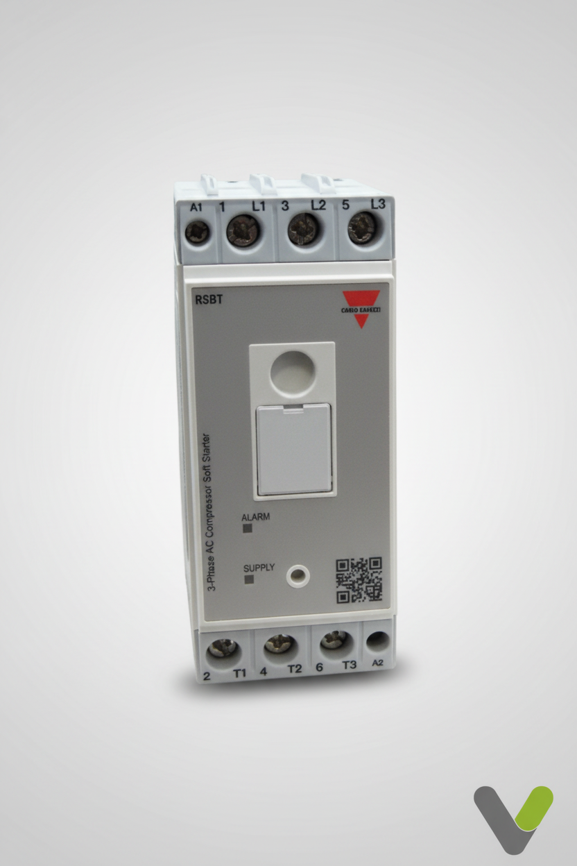 Carlo Gavazzi RSBT4032EV11HP soft starter front view on grey studio background