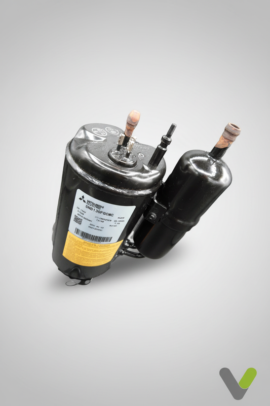 Mitsubishi Electric compressor SNB130FGCMC angled view on grey studio background