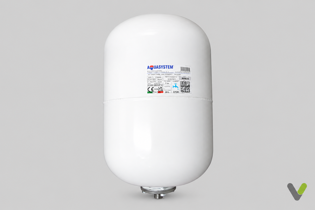 New Aquasystem 24 litre hot-water expansion vessel on a light grey background, front view
