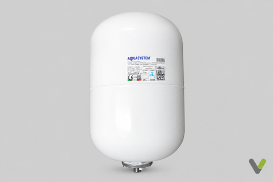 New Aquasystem 24 litre hot-water expansion vessel on a light grey background, front view