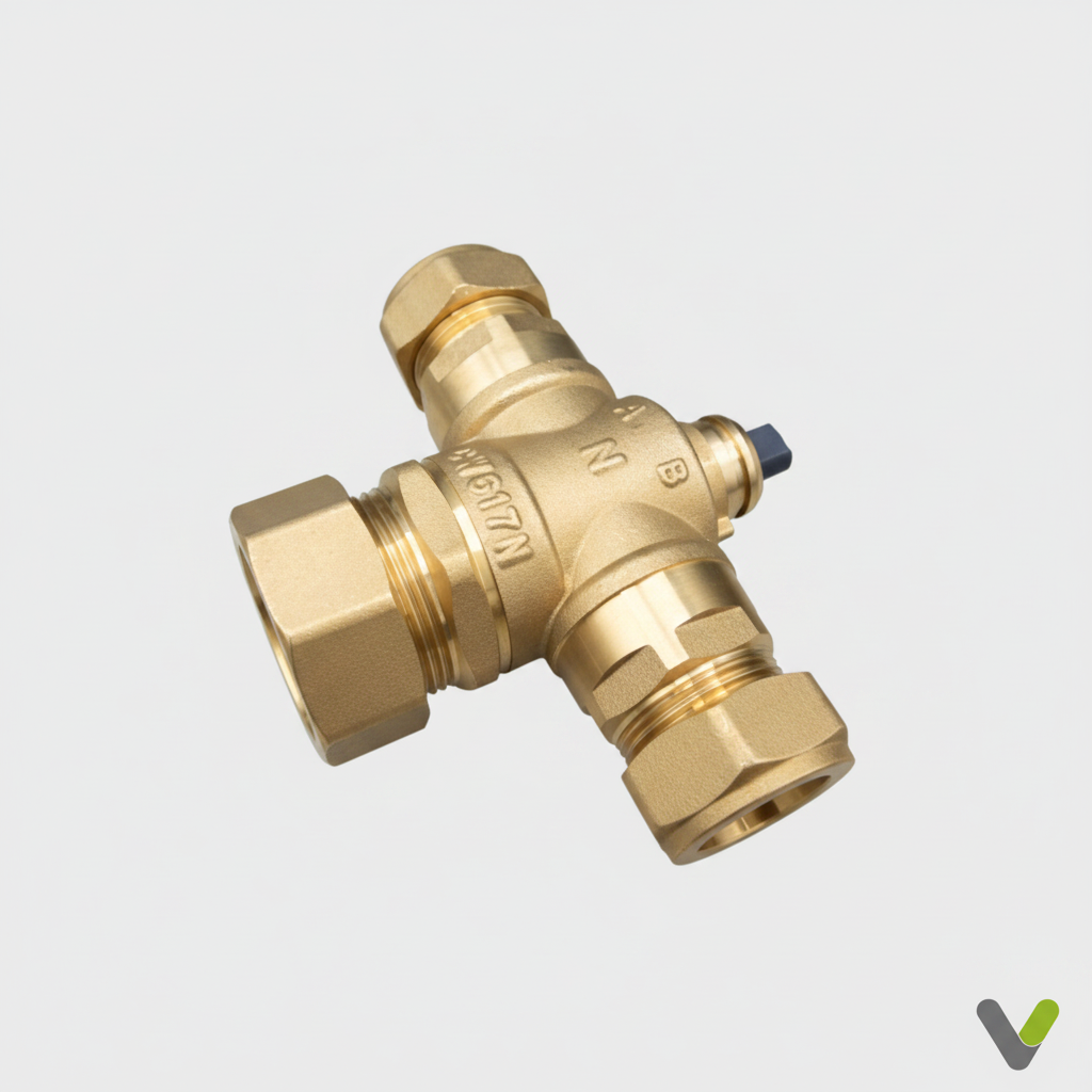 Nibe 3-way diverting valve body 824082 - 3/4 angle view showing brass body and compression nuts