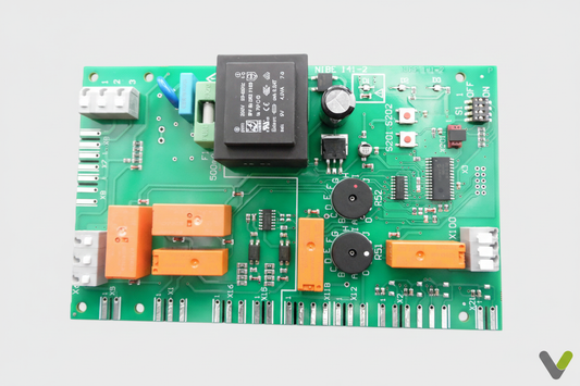 Nibe F205p PCB 818642 on light grey background with Varme Tec V logo