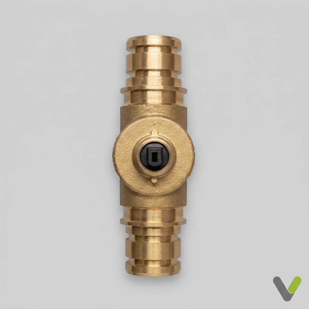 Brass valve viewed from above on a light grey background