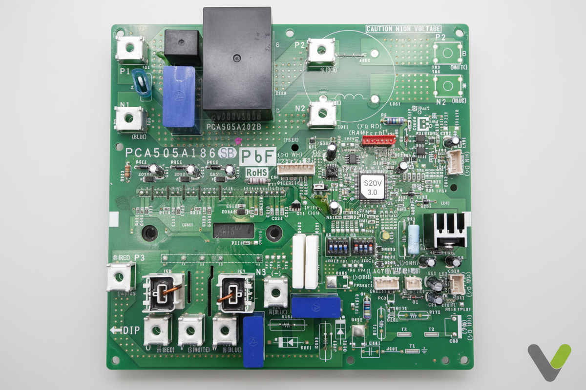 Nibe PWB-2 Inverter Board 518420 - top-down view on light grey background with Varmetec V logo