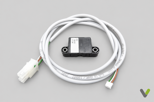 NIBE 519579 air velocity sensor with coiled white cable and connectors on light grey background