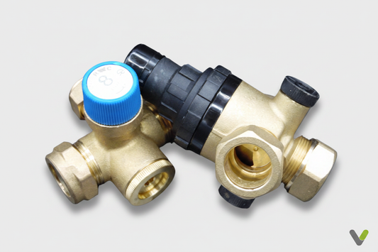 Combination Cold Water Valve 2 Piece on light grey background with Varme Tec V logo