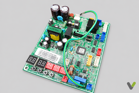 Samsung DB93-12383B outdoor PCB full board view on flat light-grey background with corner V logo