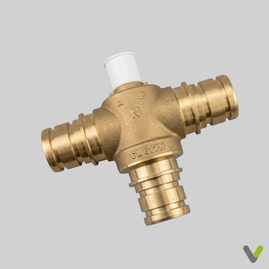 Brass three-port valve with white protective cap on a light grey background