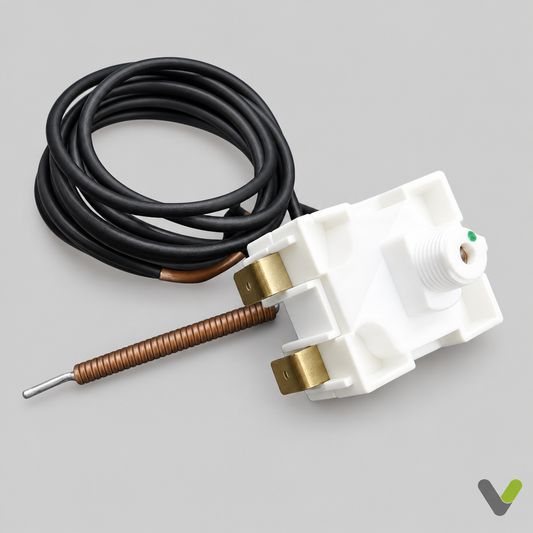 NIBE temperature limiter 718747 with white safety thermostat housing, brass terminals and black cable