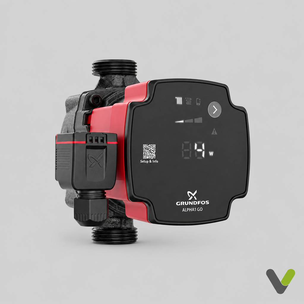 Grundfos ALPHA1 GO pump shown smaller with grey space around it and V watermark