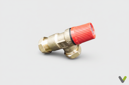 Nibe 2.5Bar Heating Pressure Relief Valve 624890 on light grey background with Varme Tec V logo