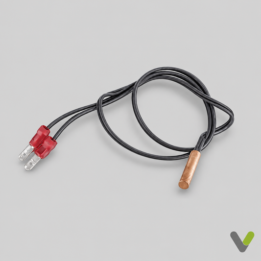 Nibe 518721 copper-probe temperature sensor with black cable and two red terminals on light-grey background with V logo