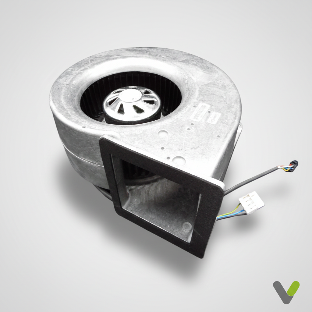 NIBE 060356 centrifugal blower fan for F370 F372 F470 heat pumps - front inlet view with square duct flange and wiring harness