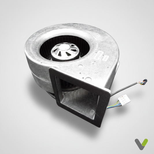 NIBE 060356 centrifugal blower fan for F370 F372 F470 heat pumps - front inlet view with square duct flange and wiring harness