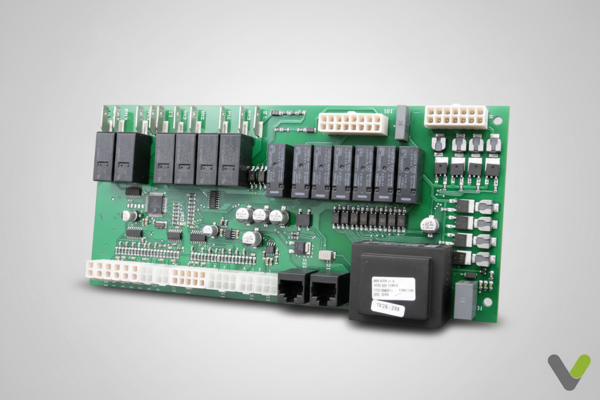 Danfoss Thermia indoor hub card 086U9238 relay close-up on grey studio background