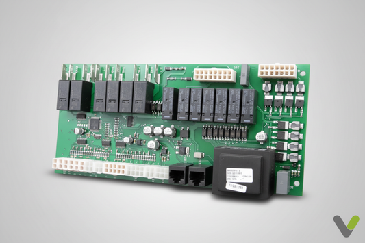 Danfoss Thermia indoor hub card 086U9238 relay close-up on grey studio background