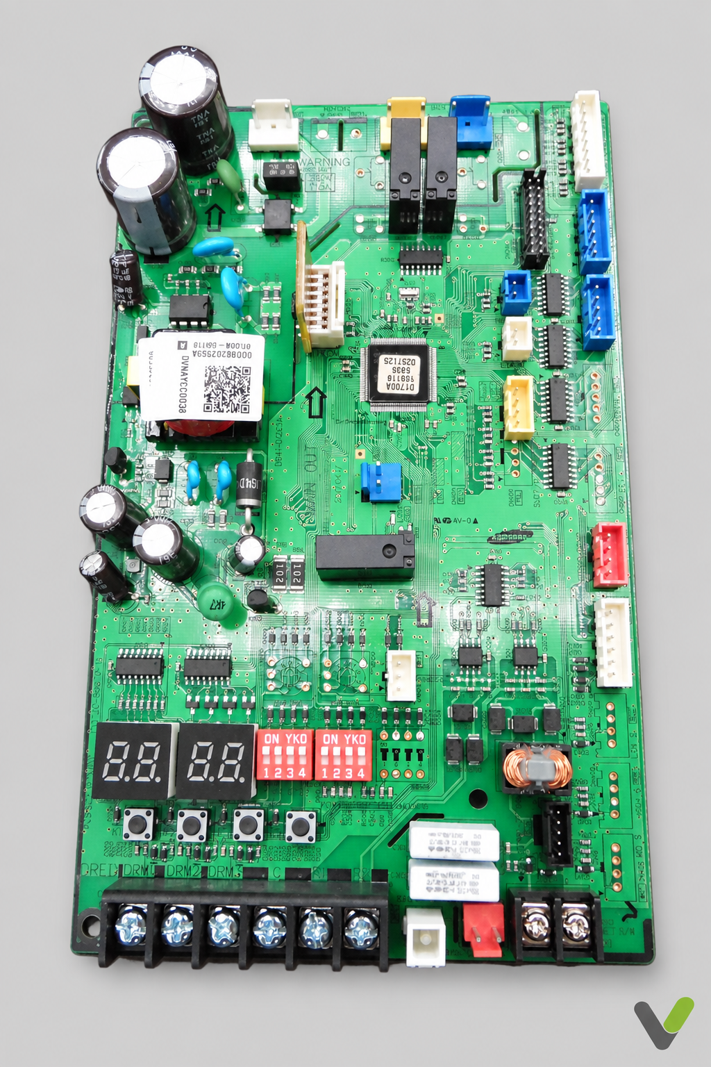 Samsung DB82-02559A control PCB portrait view on flat light-grey background with V logo