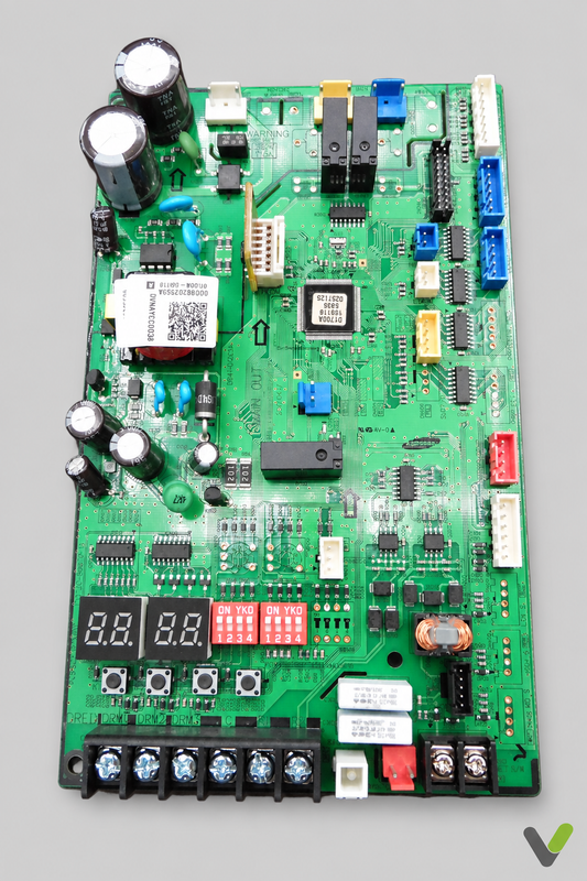 Samsung DB82-02559A control PCB portrait view on flat light-grey background with V logo