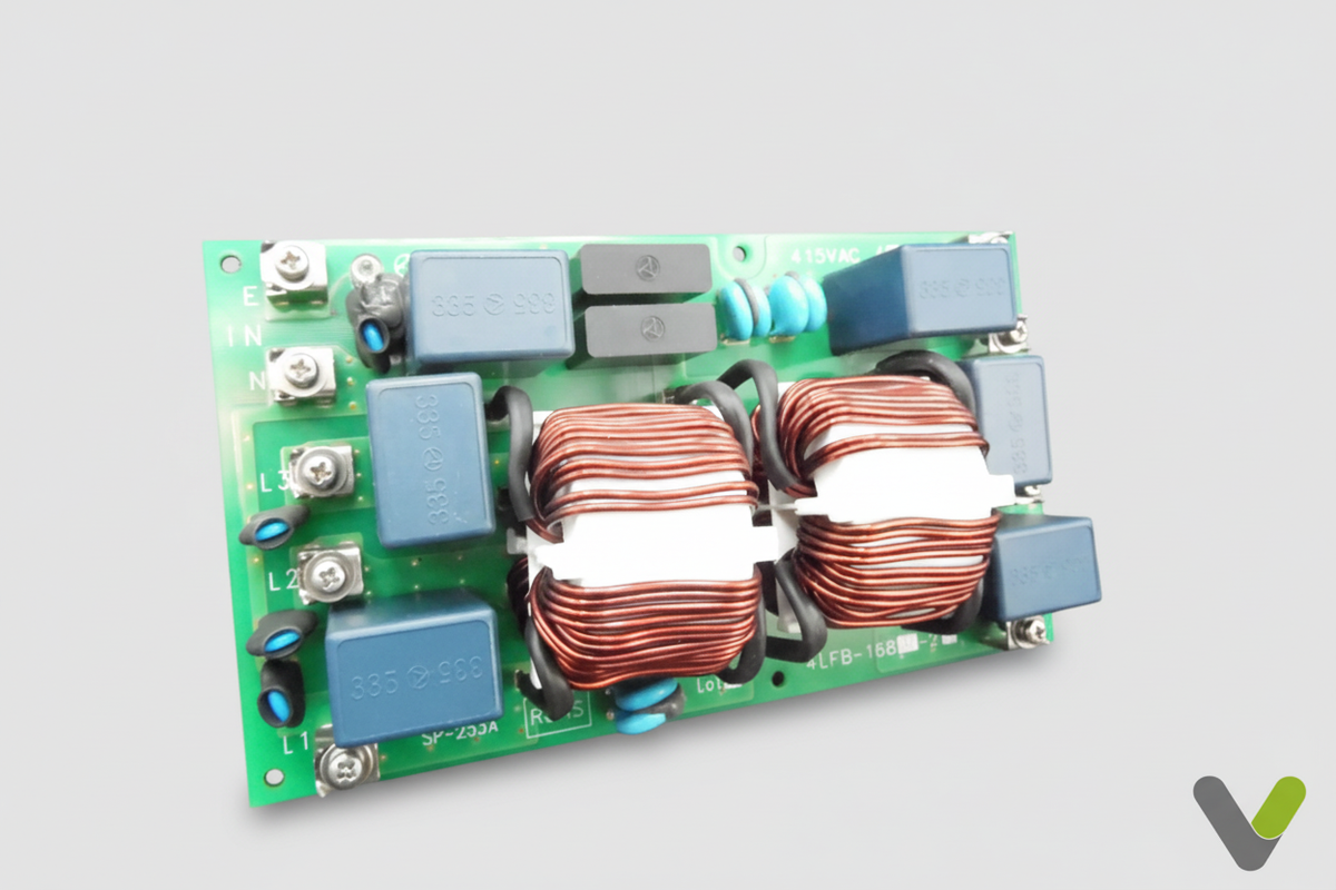 Hitachi noise filter PCB P26740 top-down view on grey studio background