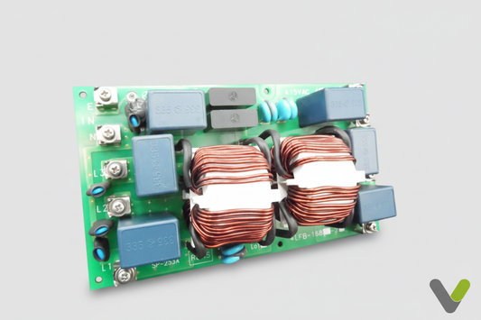 Hitachi noise filter PCB P26740 top-down view on grey studio background