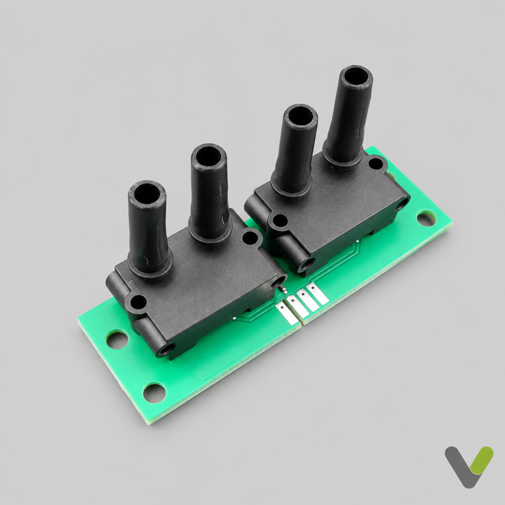 NIBE pressure sensor card 027444 with green PCB, dual pressure sensor modules and four tube ports