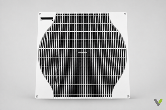 Mitsubishi Electric R01E33691 outdoor fan grille on a light grey studio background with V watermark
