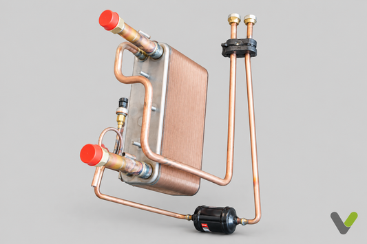 NIBE 060237 16 kW condenser kit with copper pipework, angled view