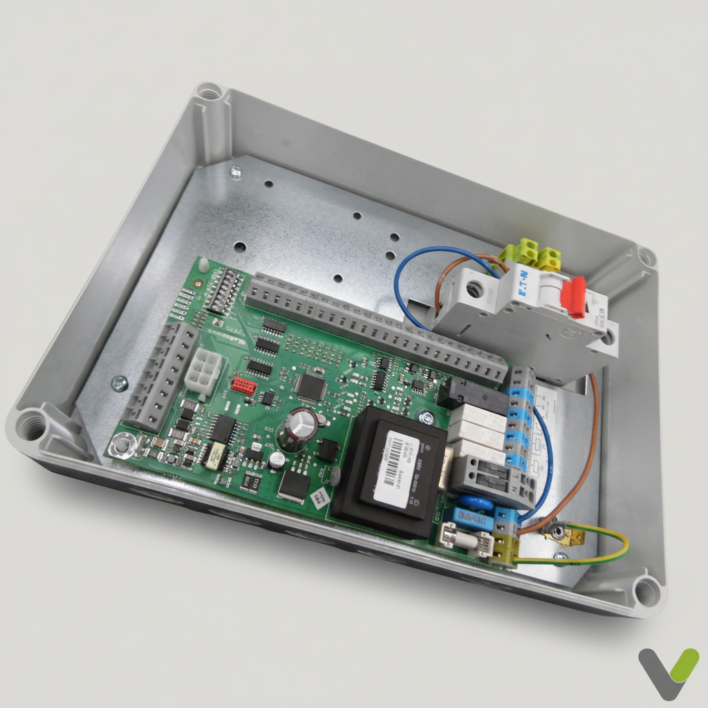Open NIBE POOL 40 control enclosure showing controller PCB, terminals and wiring
