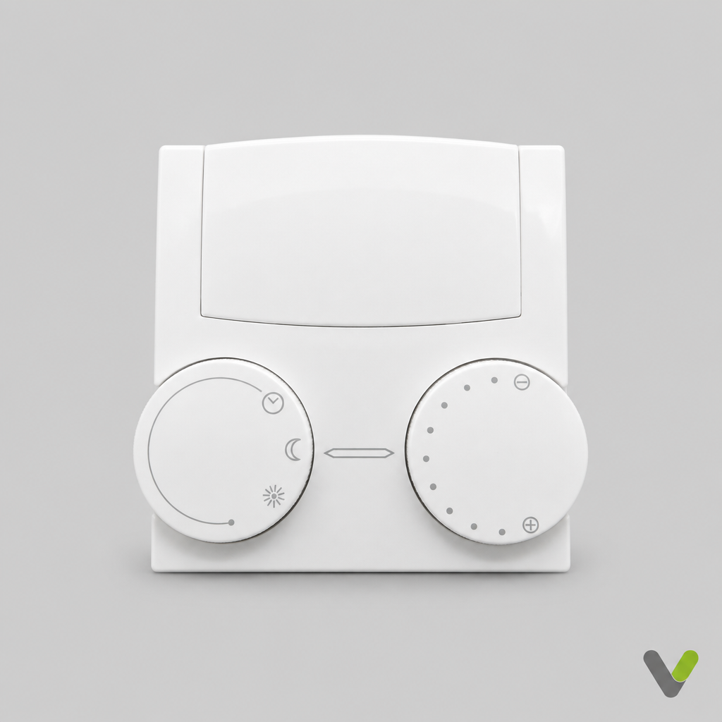 Stiebel Eltron FE7 thermostat 185579 front view on light grey background with V watermark