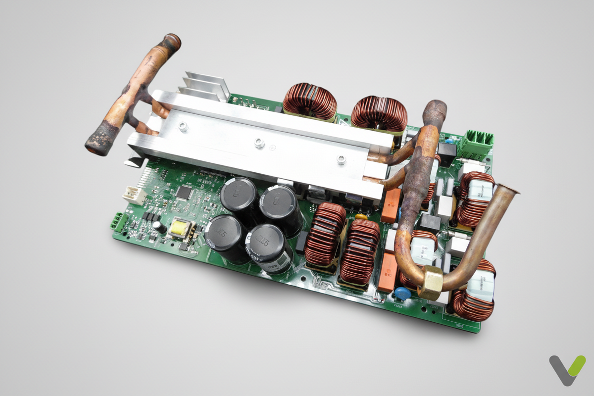 Stiebel Eltron 320368 inverter PCB, side angle showing capacitors and inductors