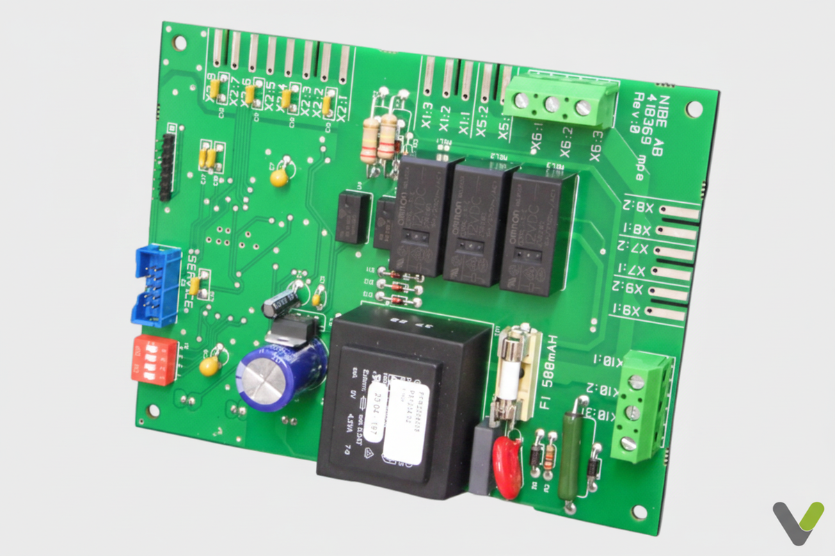 Nibe F200p PCB 718345 on light grey background with Varme Tec V logo