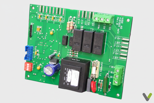 Nibe F200p PCB 718345 on light grey background with Varme Tec V logo