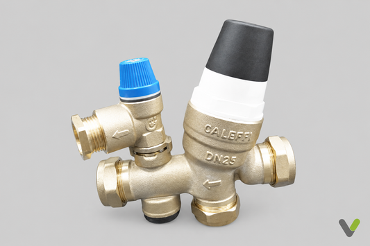 Caleffi multibloc DN25 valve assembly front view on flat light-grey background with V logo