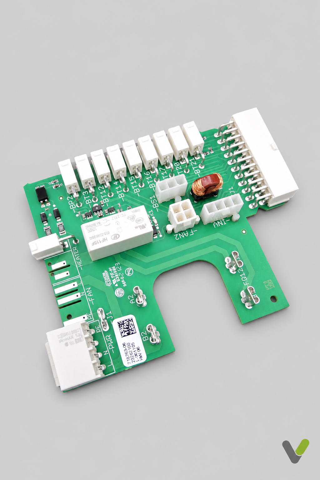 NIBE 519577 F7X0 splice card PCB with white connectors, angled view on light grey background