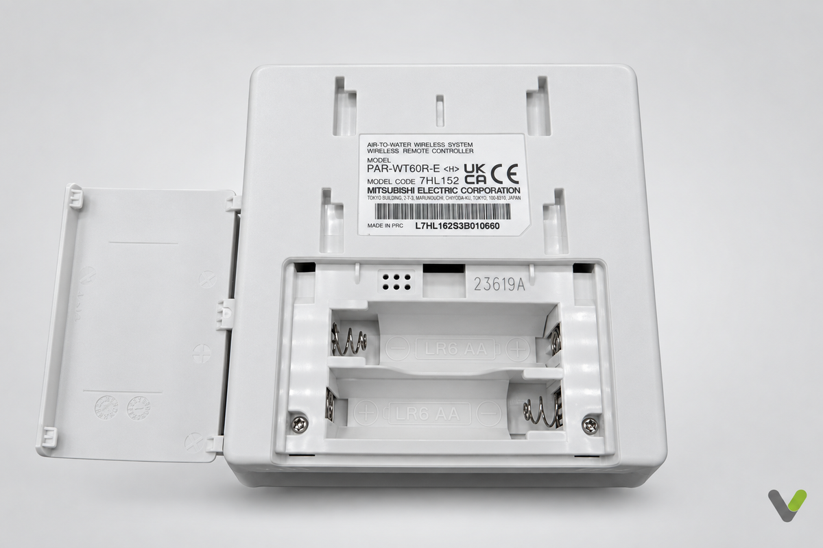 Mitsubishi Electric PAR-WT60R-E wireless Ecodan controller rear view on a light grey studio background with V watermark