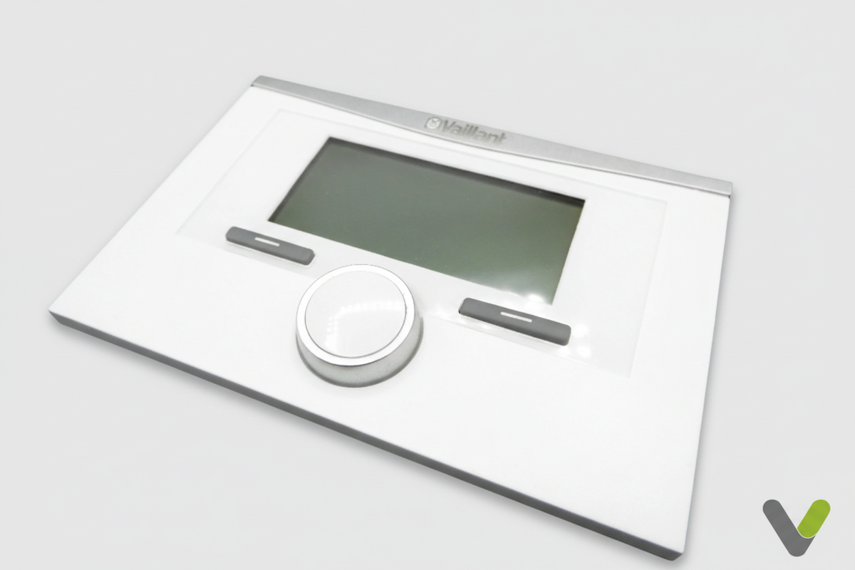 Vaillant VR91 thermostat display front view on grey studio background