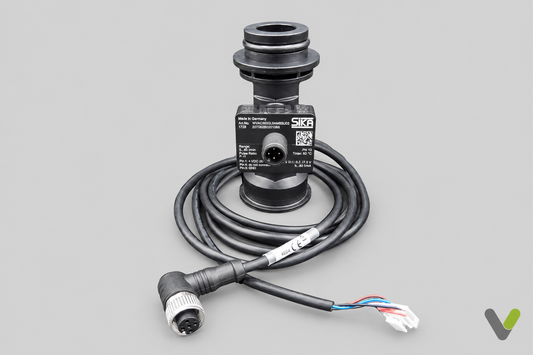 SIKA black inline flow sensor with coiled cable, angled connector and wired end on flat light-grey background with V logo