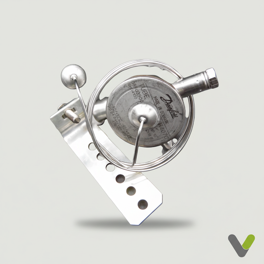 Front view of Nibe Danfoss thermostatic expansion valve 624930 with capillary tube and mounting bracket