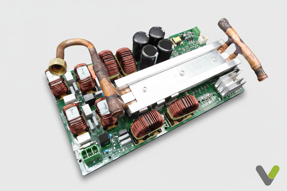 Stiebel Eltron 320368 inverter PCB, angled view showing heatsink and copper pipework