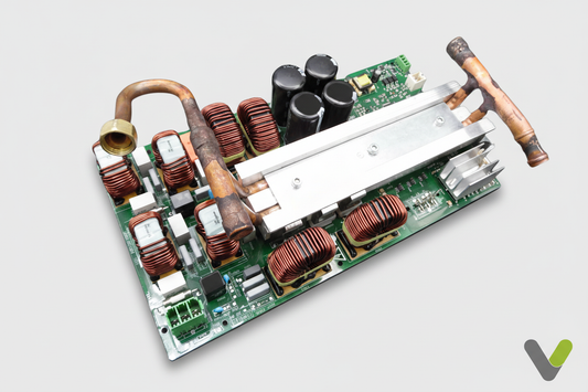 Stiebel Eltron 320368 inverter PCB, angled view showing heatsink and copper pipework
