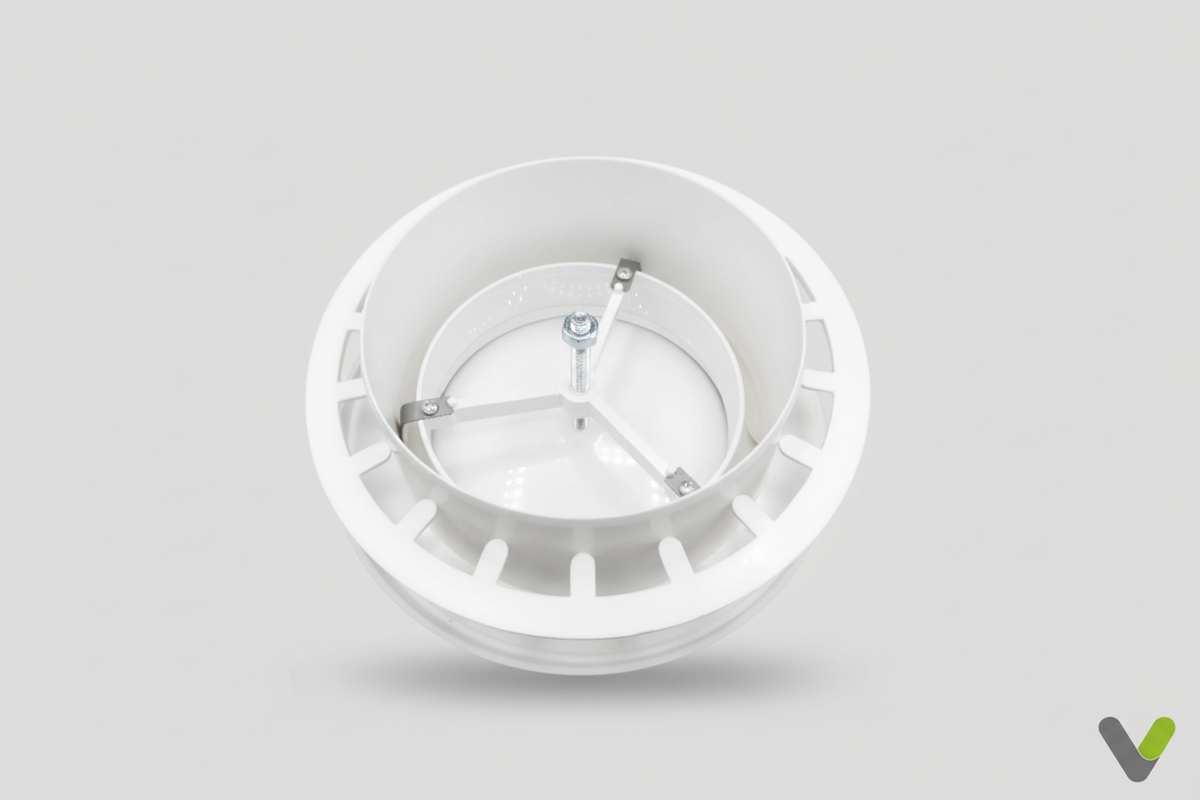 White 125mm PVC ceiling air vent diffuser rear view on a light grey background