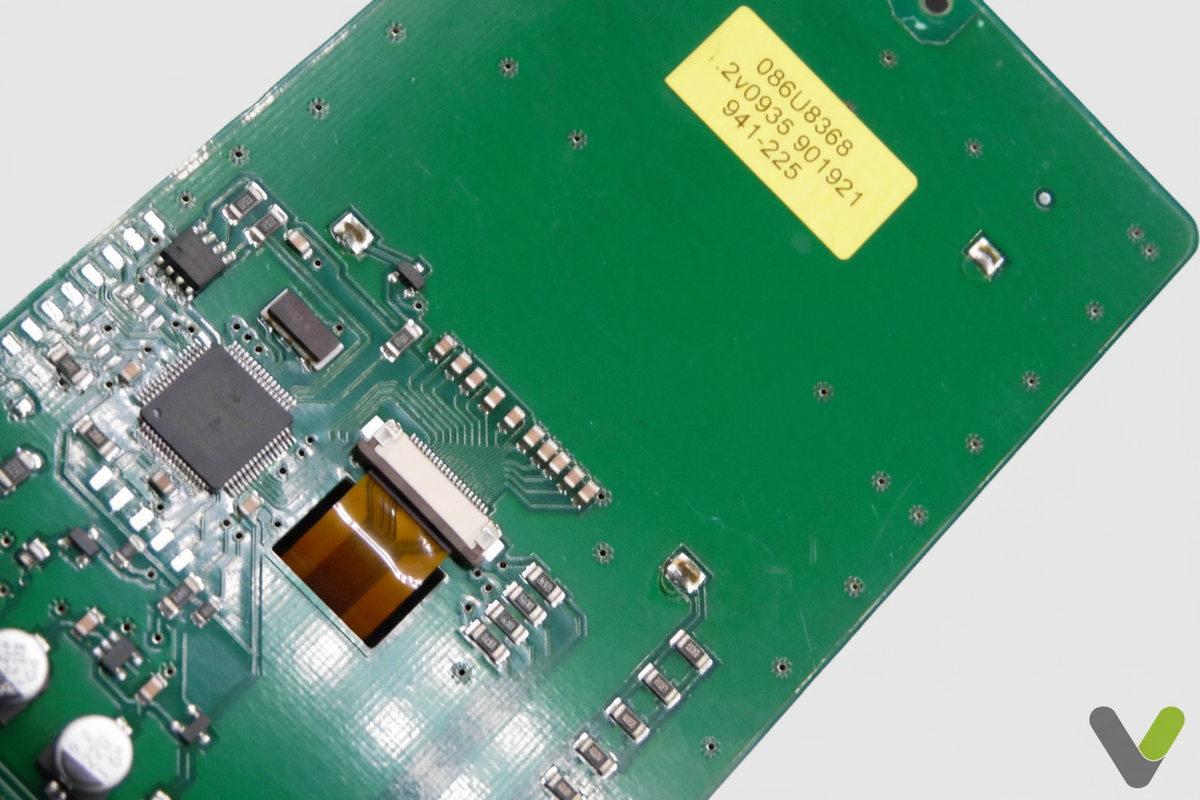 Close-up of Thermia control module showing the 086U8368 label and ribbon connector