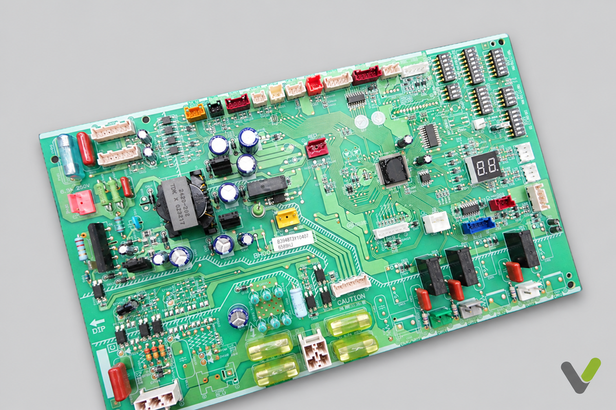 Mitsubishi controller PCB angled component-side view on flat light grey background with V watermark