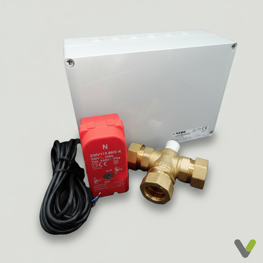 NIBE POOL 40 control unit 067062 with red valve actuator, brass three-port valve and enclosure