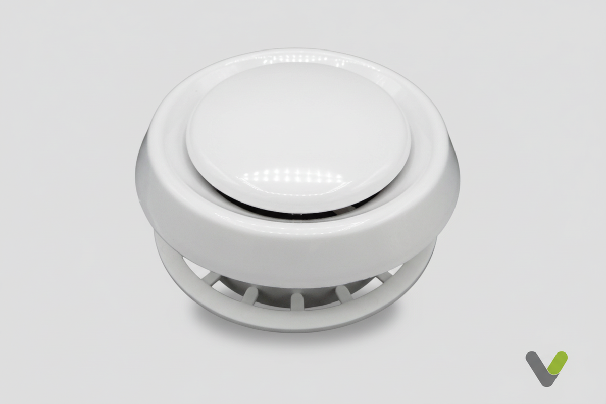 White 125mm PVC ceiling air vent diffuser front view on a light grey background with standalone V watermark