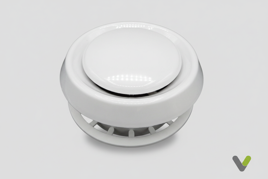 White 125mm PVC ceiling air vent diffuser front view on a light grey background with standalone V watermark