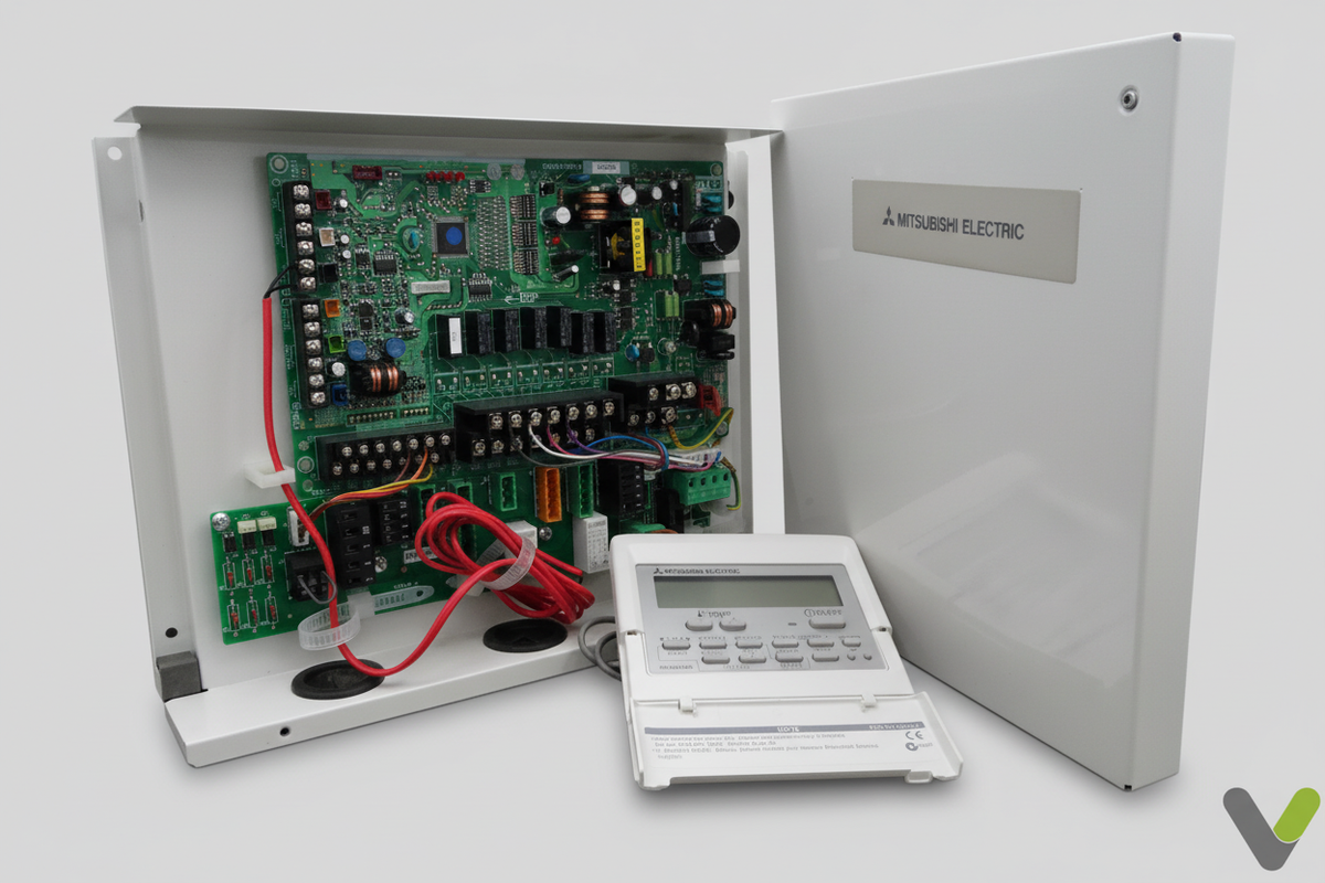 Mitsubishi Electric flow temp controller full kit with cabinet, FTC2 board and wired controller on grey studio background