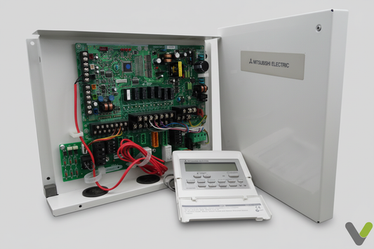 Mitsubishi Electric flow temp controller full kit with cabinet, FTC2 board and wired controller on grey studio background