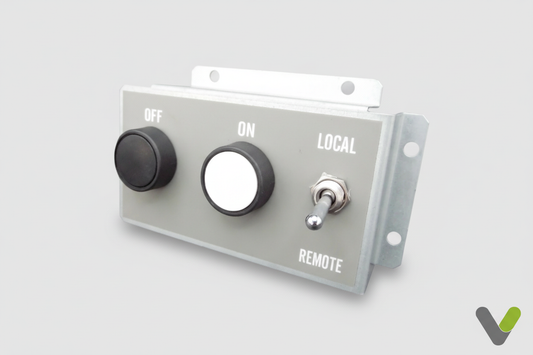 Hitachi on off switch panel on grey studio background