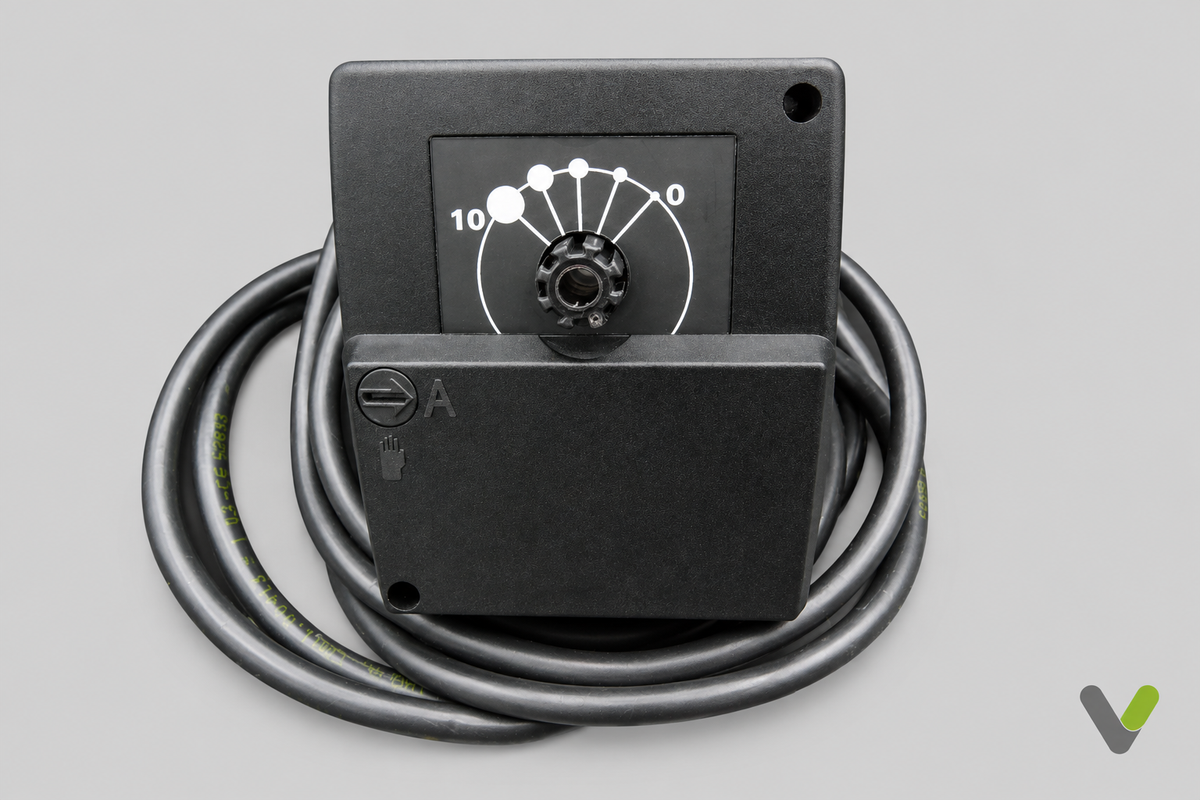 Lineg shunt actuator 0 to 10 manual dial and coiled cable on flat light-grey background with small V watermark